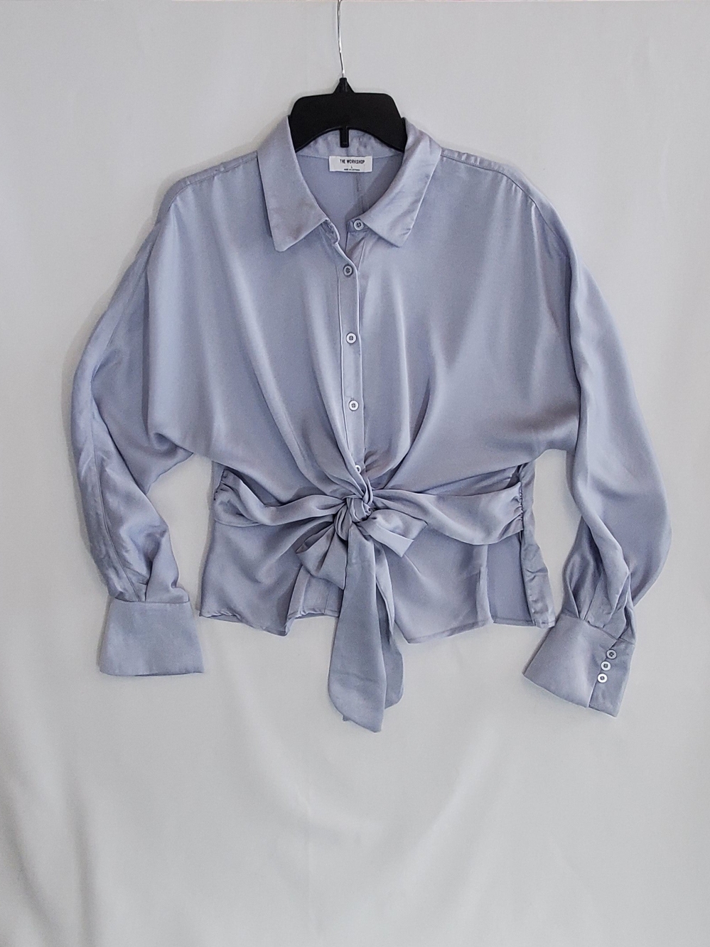 The Workshop Light Silver Satin Tie-Front Button Shirt
